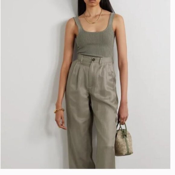 New Anine Bing Carrie Pleated Wide Leg Pants in green khaki Sz EU 34/US 4 - Picture 2 of 2